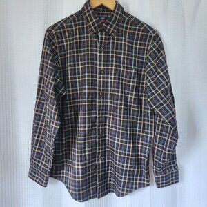 Denver Hayes Shirt Men's Small Plaid Long Sleeve Button Down Cotton Brown Blue